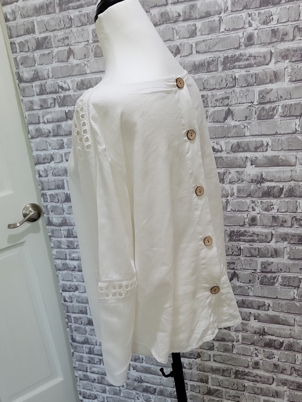 Sigrid Olsen White Lightweight Lace Accent Linen Blend Top Sz M